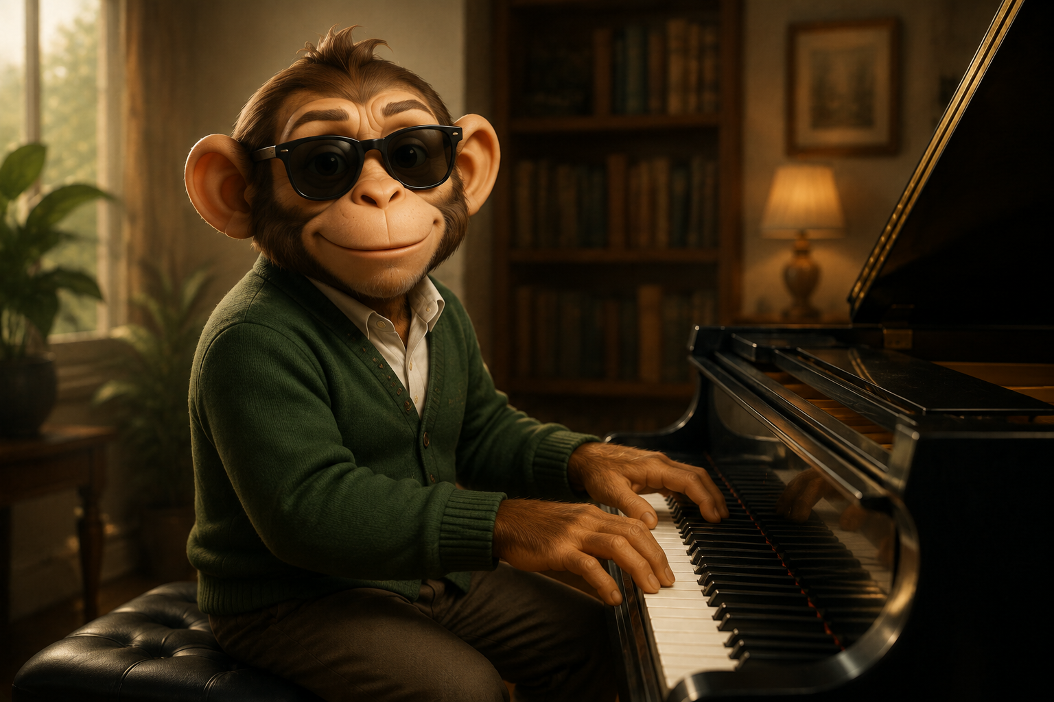 MONKII im grünen Cardigan und mit Sonnenbrille spielt lächelnd an einem schwarzen Flügel.